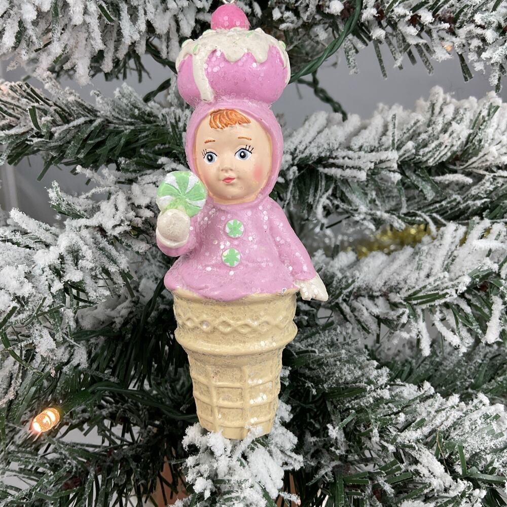 Christmas Ornament-Glittery Pink Girl Ice Cream Cone Holding Candy